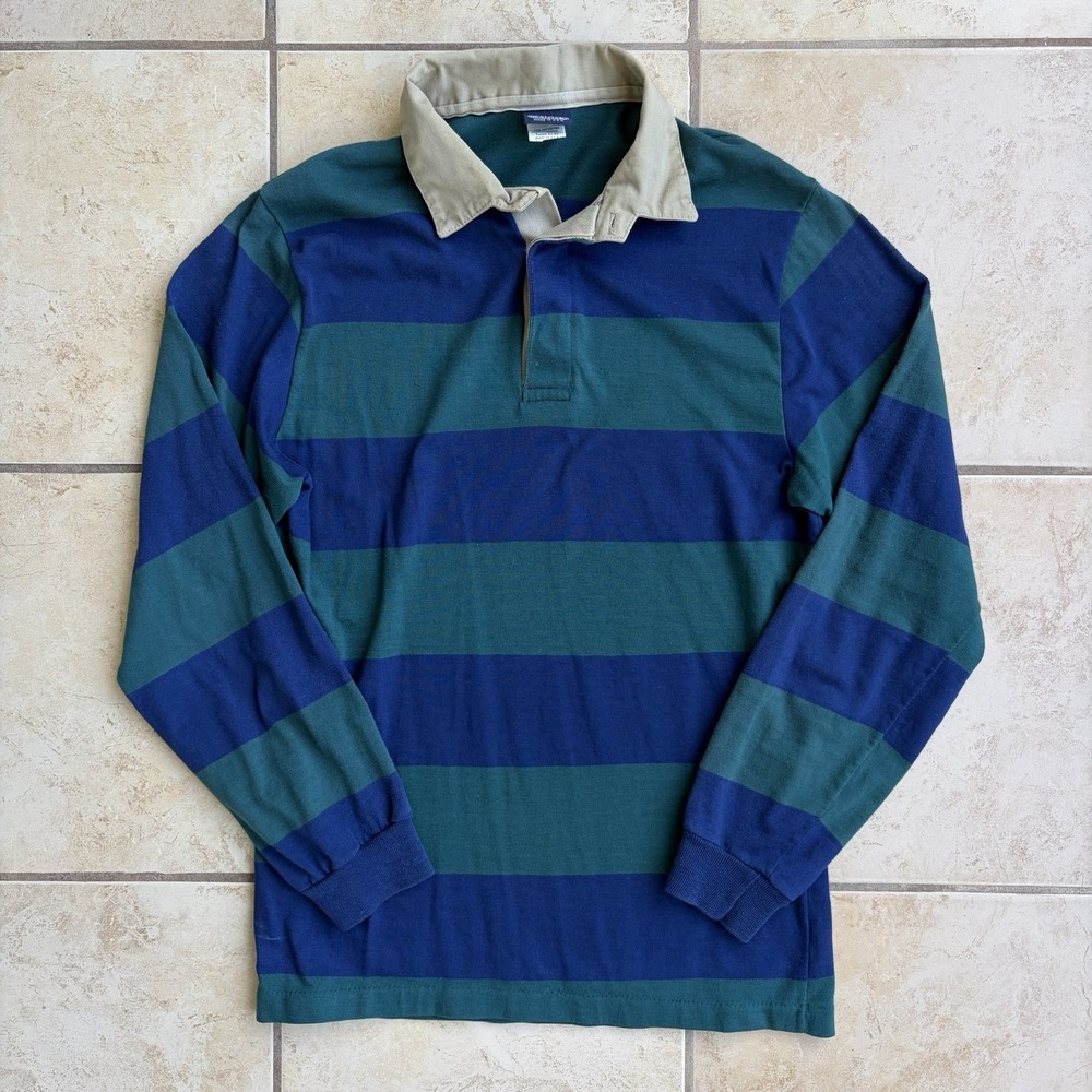 Vintage Rugby Shirt Men Medium (Fits Small) Green Blue Colorblock Stripe USA 80s